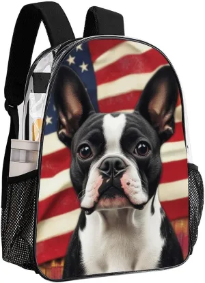 Lightweight Daypack Bookbag for Trekking Business Walking Cycling - Big Capacity Transparent Multipurpose Carry On Bag, American Us Flag Boston Terrier Business Computer Bag
