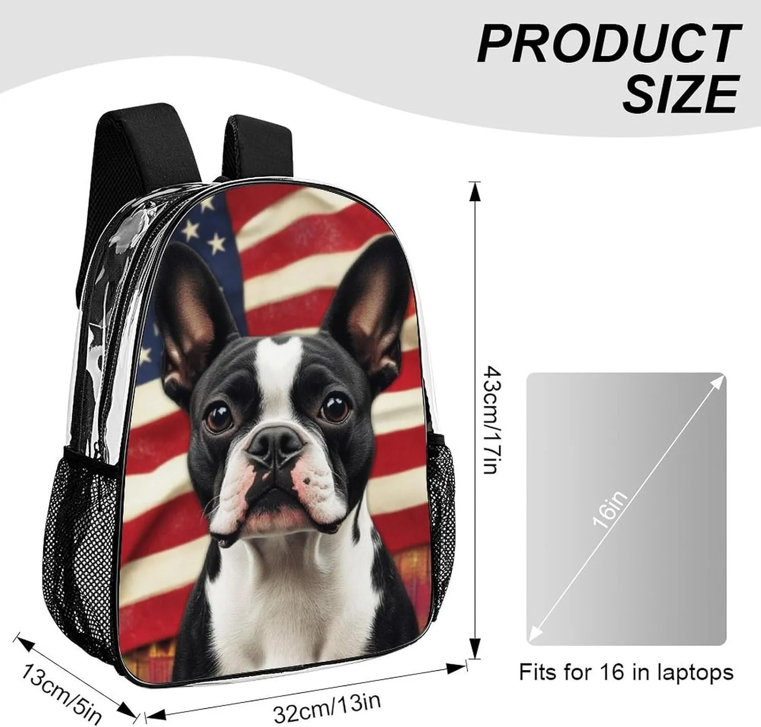 Lightweight Daypack Bookbag for Trekking Business Walking Cycling - Big Capacity Transparent Multipurpose Carry On Bag, American Us Flag Boston Terrier Business Computer Bag