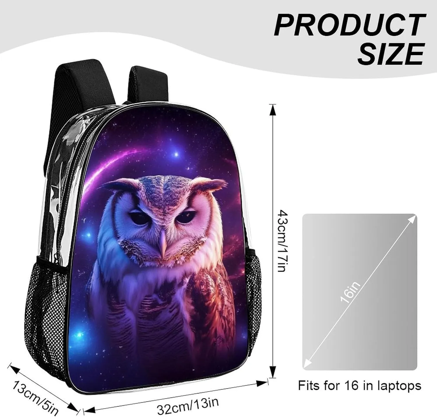 Lightweight Rucksack for Sports Travel Running - Big Capacity Multipurpose Transparent Bookbag, Purple Blue Galaxy Owl Art Travel and Sport Backpack Rucksack