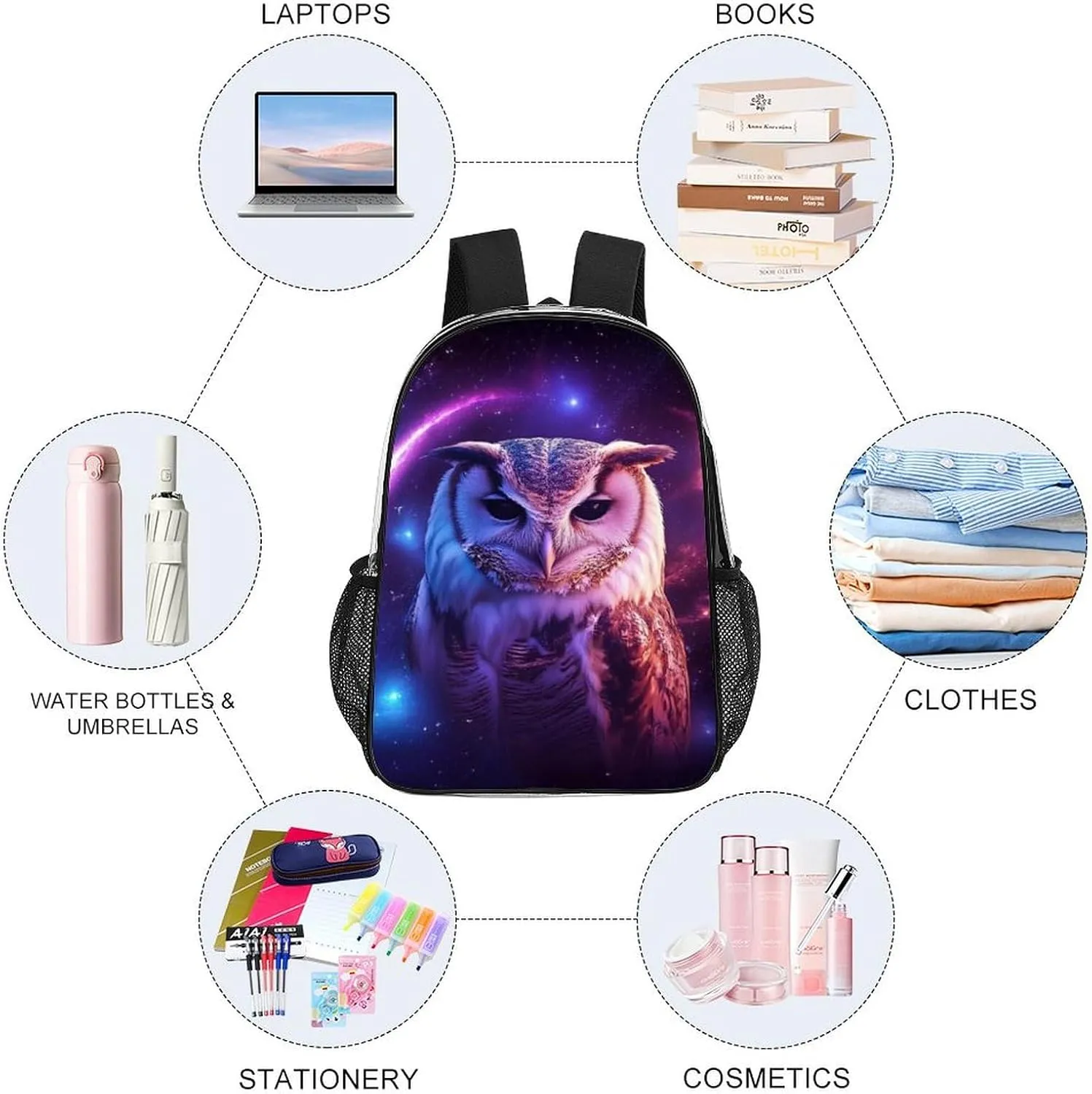 Lightweight Rucksack for Sports Travel Running - Big Capacity Multipurpose Transparent Bookbag, Purple Blue Galaxy Owl Art Travel and Sport Backpack Rucksack