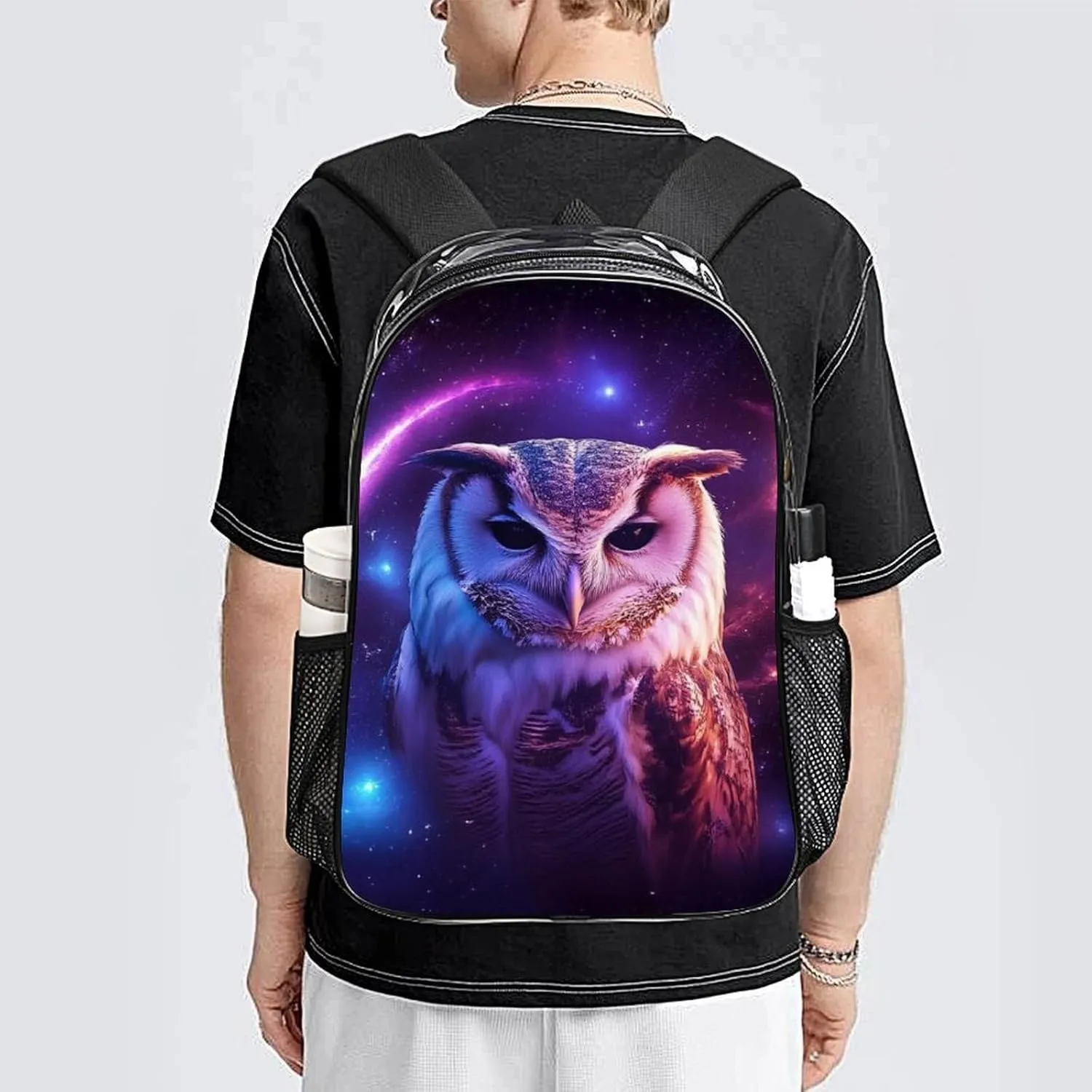 Lightweight Rucksack for Sports Travel Running - Big Capacity Multipurpose Transparent Bookbag, Purple Blue Galaxy Owl Art Travel and Sport Backpack Rucksack
