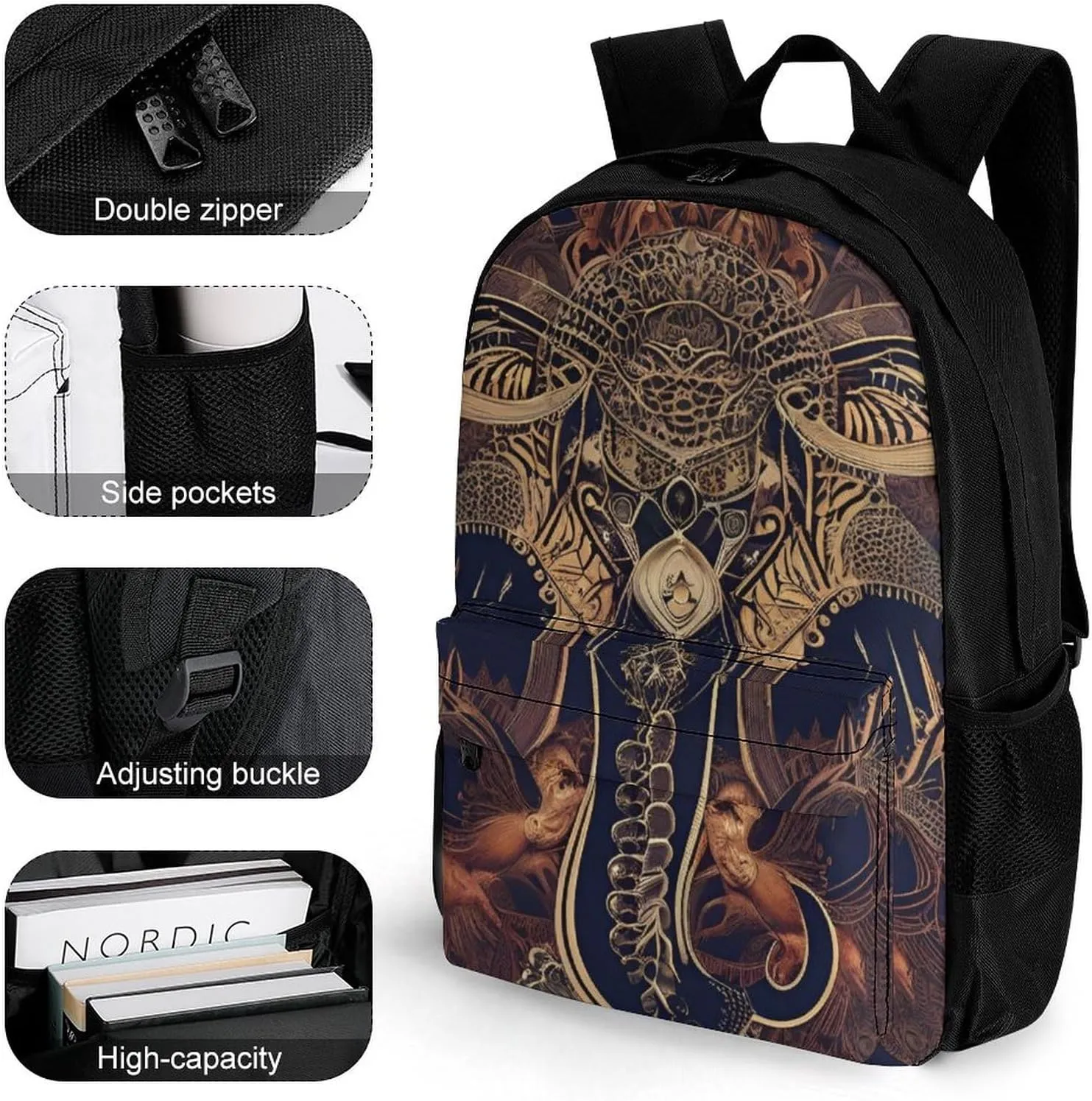 Lightweight Rucksacks for Climbing Outdoors Walking Cycling - Large Capacity Anti-Theft Multipurpose Carry On Bag, Beautiful Paisley Elephant Art Camping Outdoor Backpack