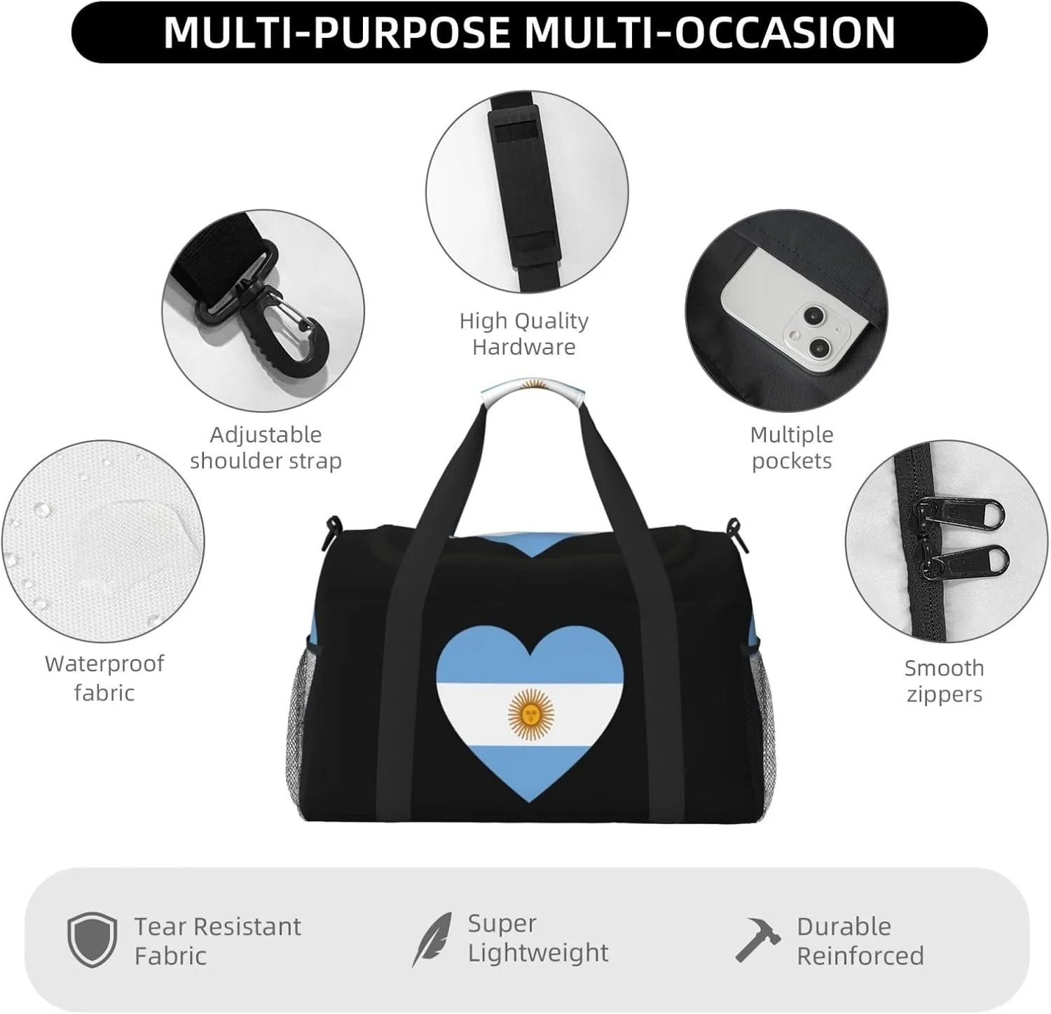 Love Argentina Flag Travel Duffel Bag Large Foldable Waterproof Overnight Bag For Beach Swim Bags Pool Sports Gym