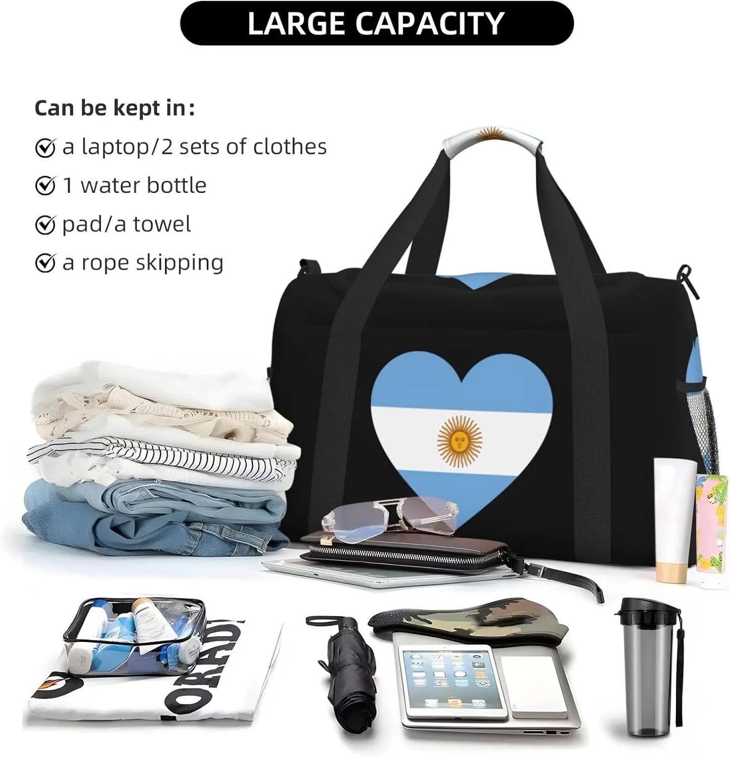Love Argentina Flag Travel Duffel Bag Large Foldable Waterproof Overnight Bag For Beach Swim Bags Pool Sports Gym