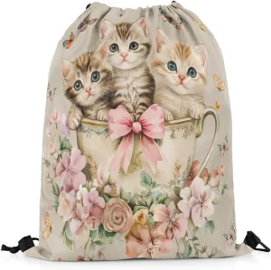 Lovely Cat Waterproof Drawstrings Backpacks,Cute Kitten Pet Animal European Pink Bowknot Cup Bags for Shopping Travelling,Vintage Garden Flowers Butterfly Sackpacks Gym Swim Packs Daypack