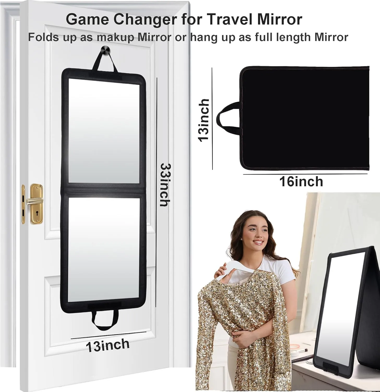 LPHUMEX Foldable Full Length Travel Mirror – 33” Portable Shatterproof Hanging Mirror, Folding Full Length Travel Makeup Mirror for Camping, RV & Small Spaces