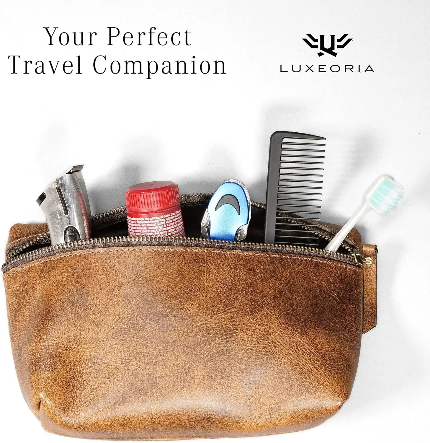 LUXEORIA Genuine Leather Toiletry Bags for Men and Women, Handmade Premium Leather Dopp Kit and Shaving Bag, Cosmetic Bag for Womens and Mens, Travel Essentials & Organizers