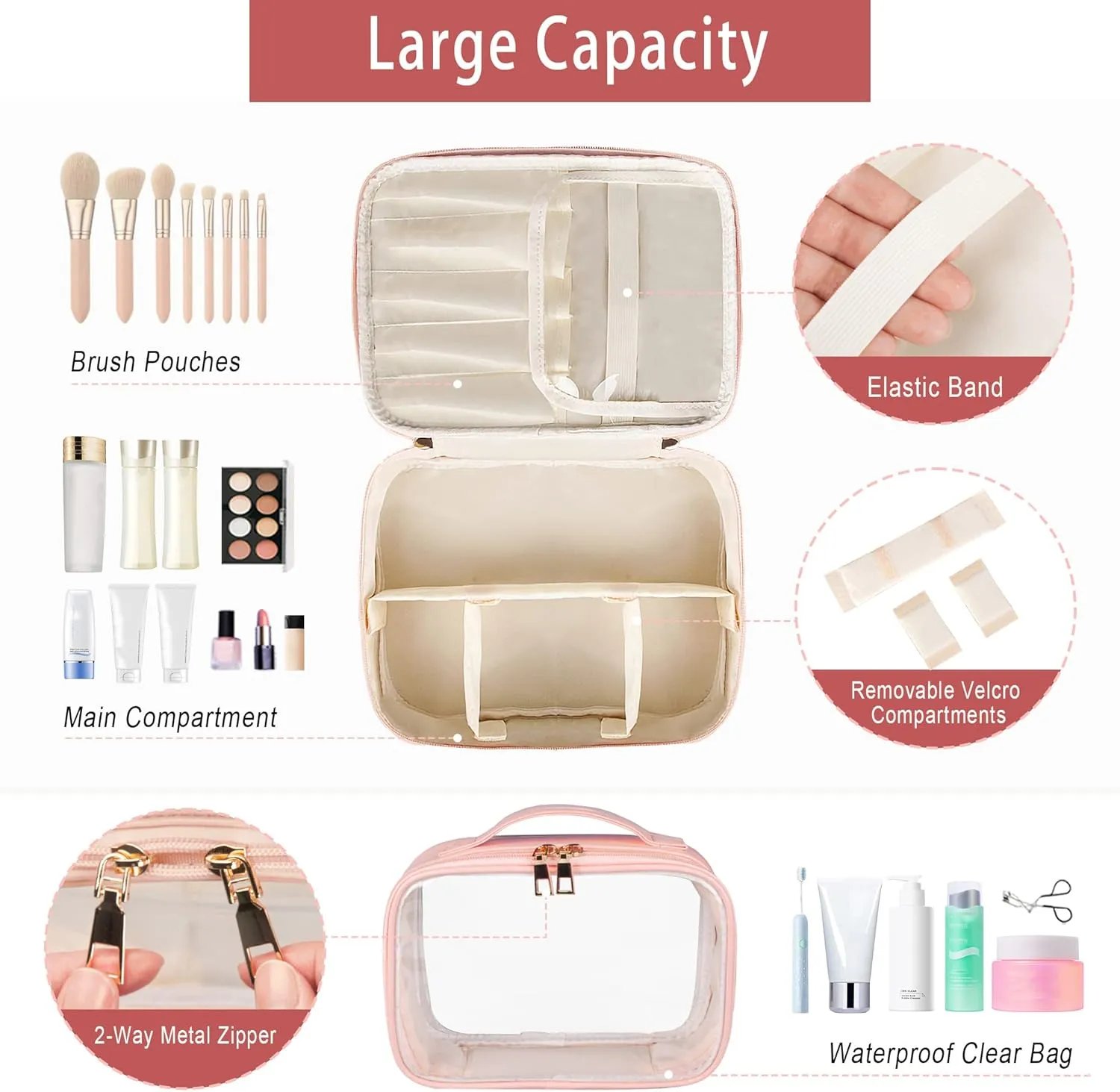 Makeup Bag, 2 PCS PU Leather Cosmetic Bags, Portable Travel Makeup Case, Large Makeup Organizer with Clear Makeup Bag for Women (Pink)