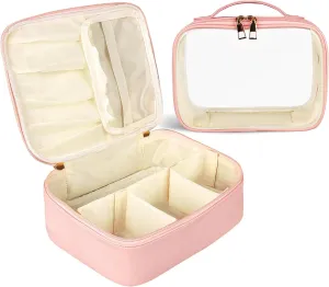 Makeup Bag, 2 PCS PU Leather Cosmetic Bags, Portable Travel Makeup Case, Large Makeup Organizer with Clear Makeup Bag for Women (Pink)