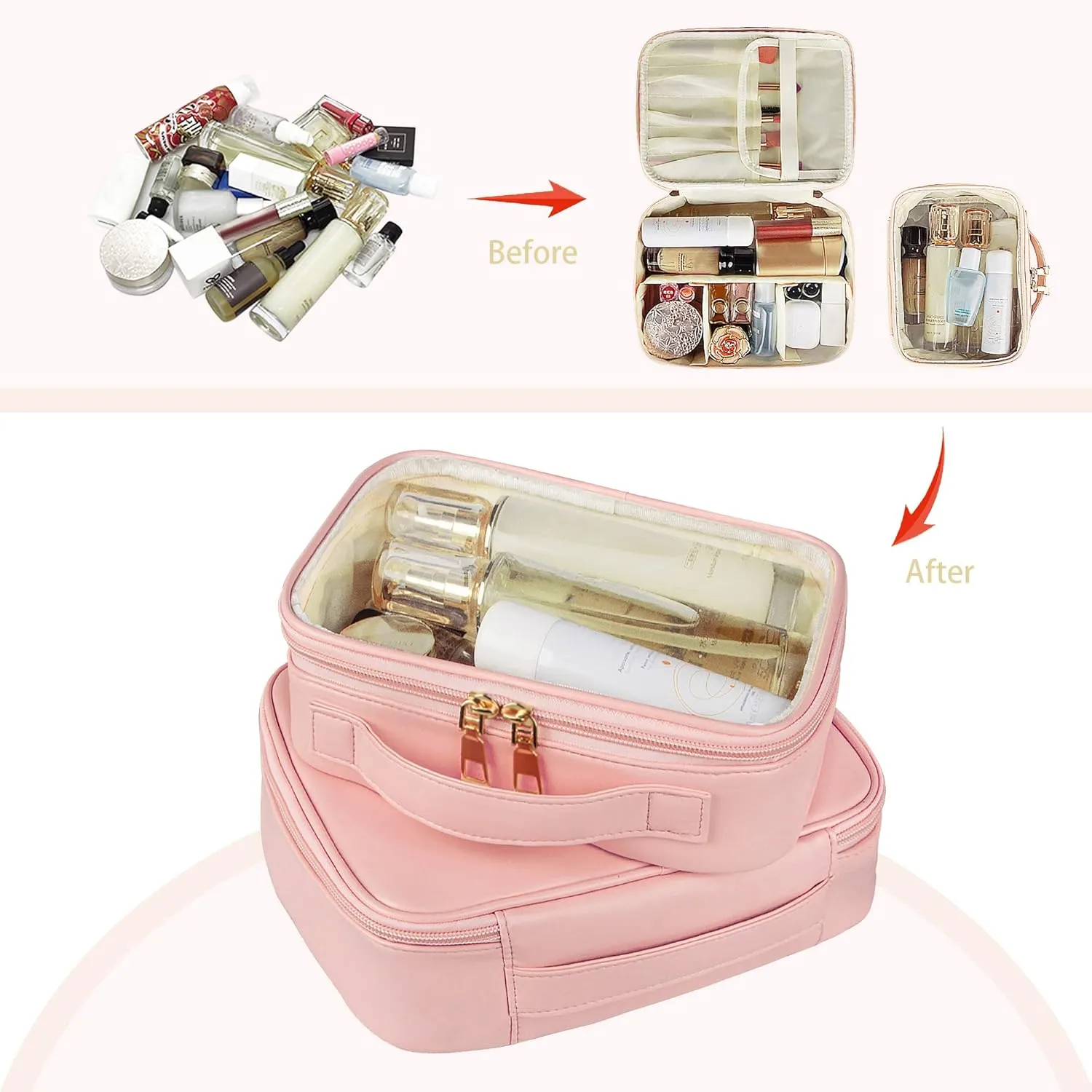 Makeup Bag, 2 PCS PU Leather Cosmetic Bags, Portable Travel Makeup Case, Large Makeup Organizer with Clear Makeup Bag for Women (Pink)