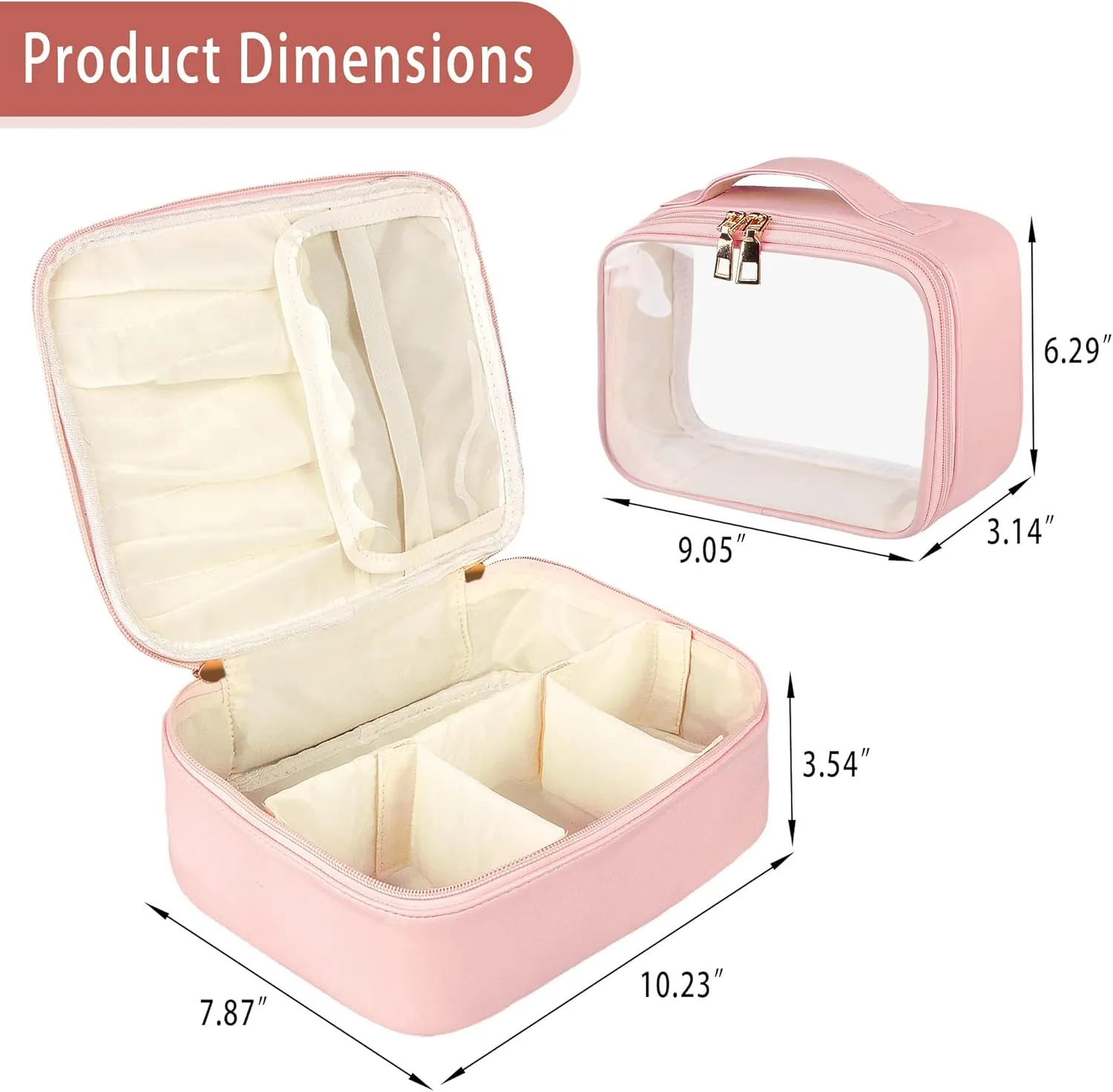 Makeup Bag, 2 PCS PU Leather Cosmetic Bags, Portable Travel Makeup Case, Large Makeup Organizer with Clear Makeup Bag for Women (Pink)