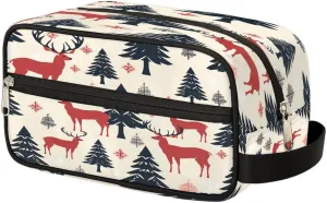 Makeup Bag for Women Men, Vintage Elk Deer Xmas Tree Travel Cosmetic Organizer with Handle, Toiletry Bag for Cosmetics, Portable Zippered Makeup Pouch