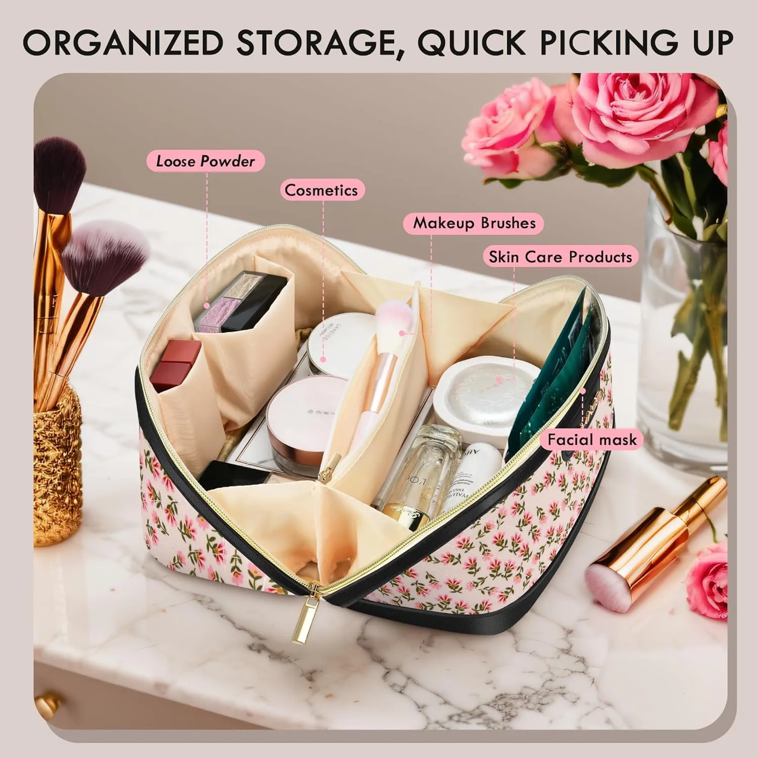 Makeup Bag Large Capacity Travel Make Up Bag, Makeup Organizer Cosmetic Bags for Women Travel Toiletry Bag for Women Skincare Bag with Handle and Divider