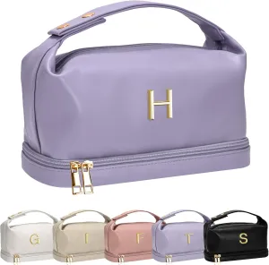 Makeup Bag with Handle, Waterproof Double Layer Cosmetic Bag, Large Capacity PU Leather Makeup Bags Letter Travel Toiletry Bag with Makeup Brush Organizer