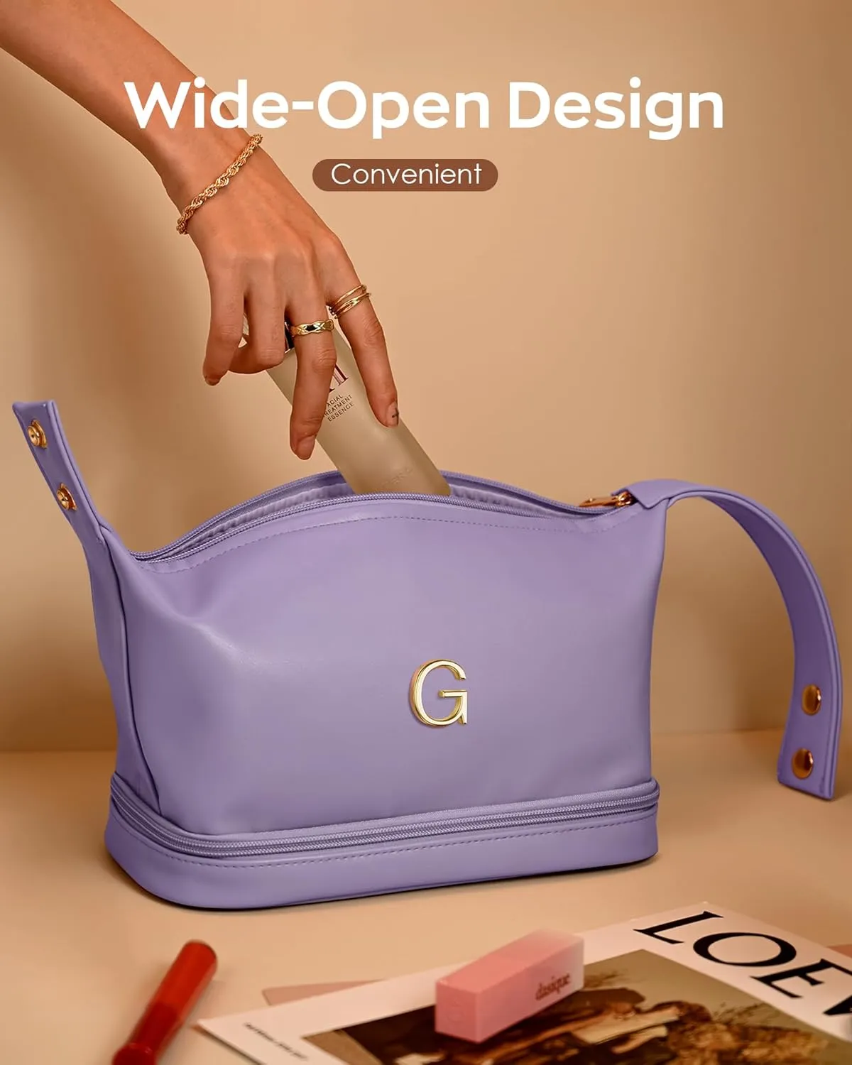 Makeup Bag with Handle, Waterproof Double Layer Cosmetic Bag, Large Capacity PU Leather Makeup Bags Letter Travel Toiletry Bag with Makeup Brush Organizer