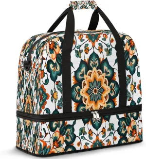 Mandala Symmetrical Pattern Travel Duffle Bags With Shoes Compartment for Women Men Weekender Overnight Bag Foldable Sports Tote Gym Carry On Luggage Handlebag for Travel Yoga Hospital Workout