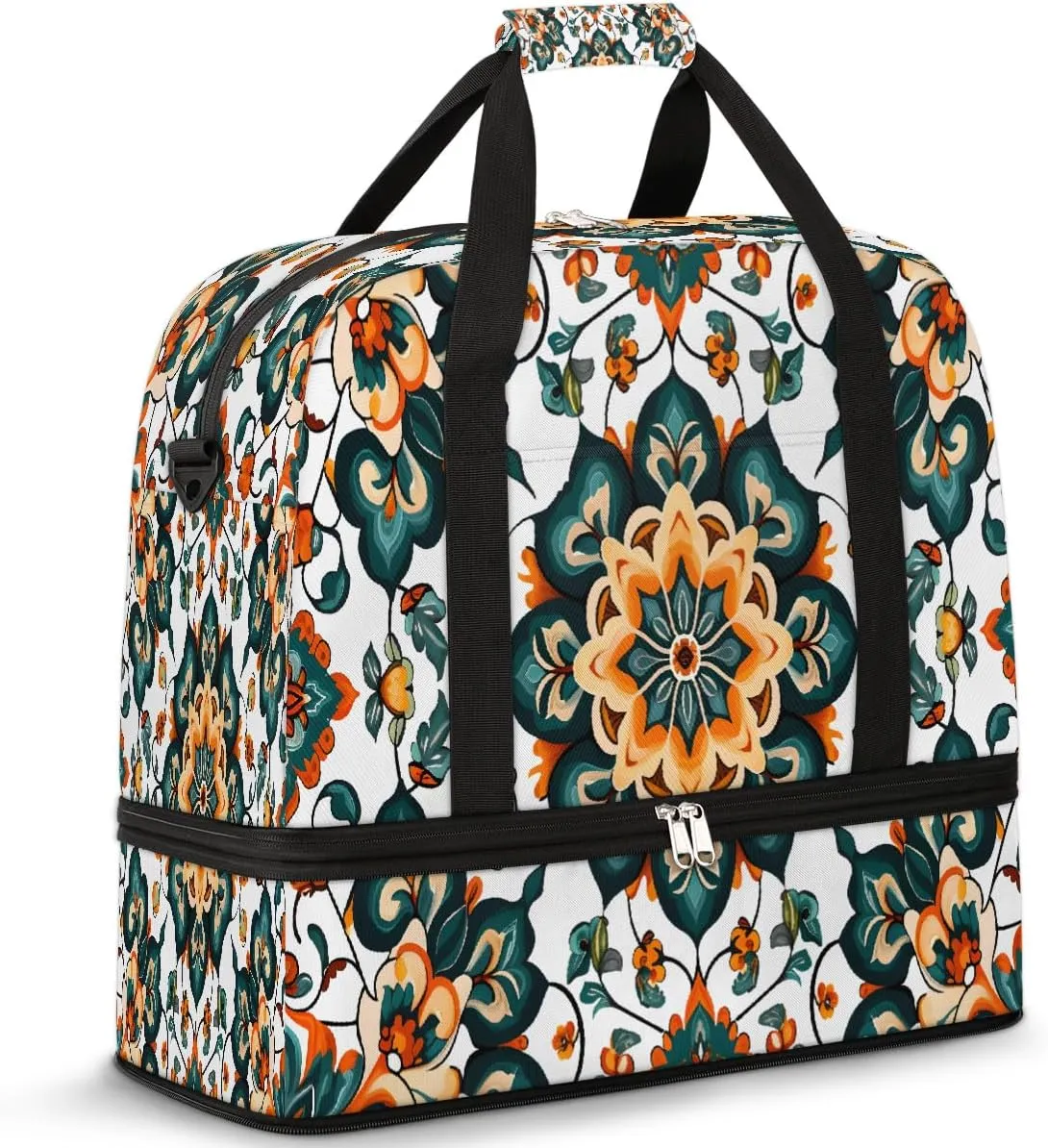Mandala Symmetrical Pattern Travel Duffle Bags With Shoes Compartment for Women Men Weekender Overnight Bag Foldable Sports Tote Gym Carry On Luggage Handlebag for Travel Yoga Hospital Workout