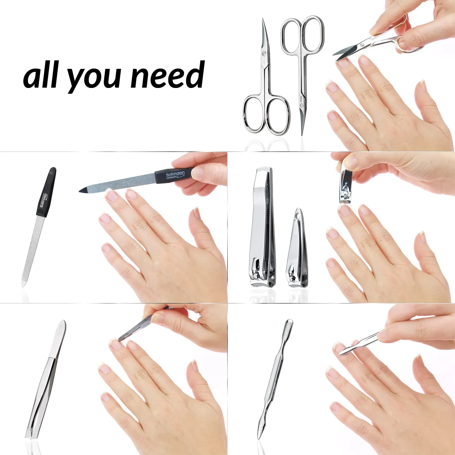 marQus Manicure Set Solingen Made in Germany - 7 piece stainless steel exclusive finger & toe nail clippers set in Nappa black leather case, made in Solingen Germany* (except for clippers)