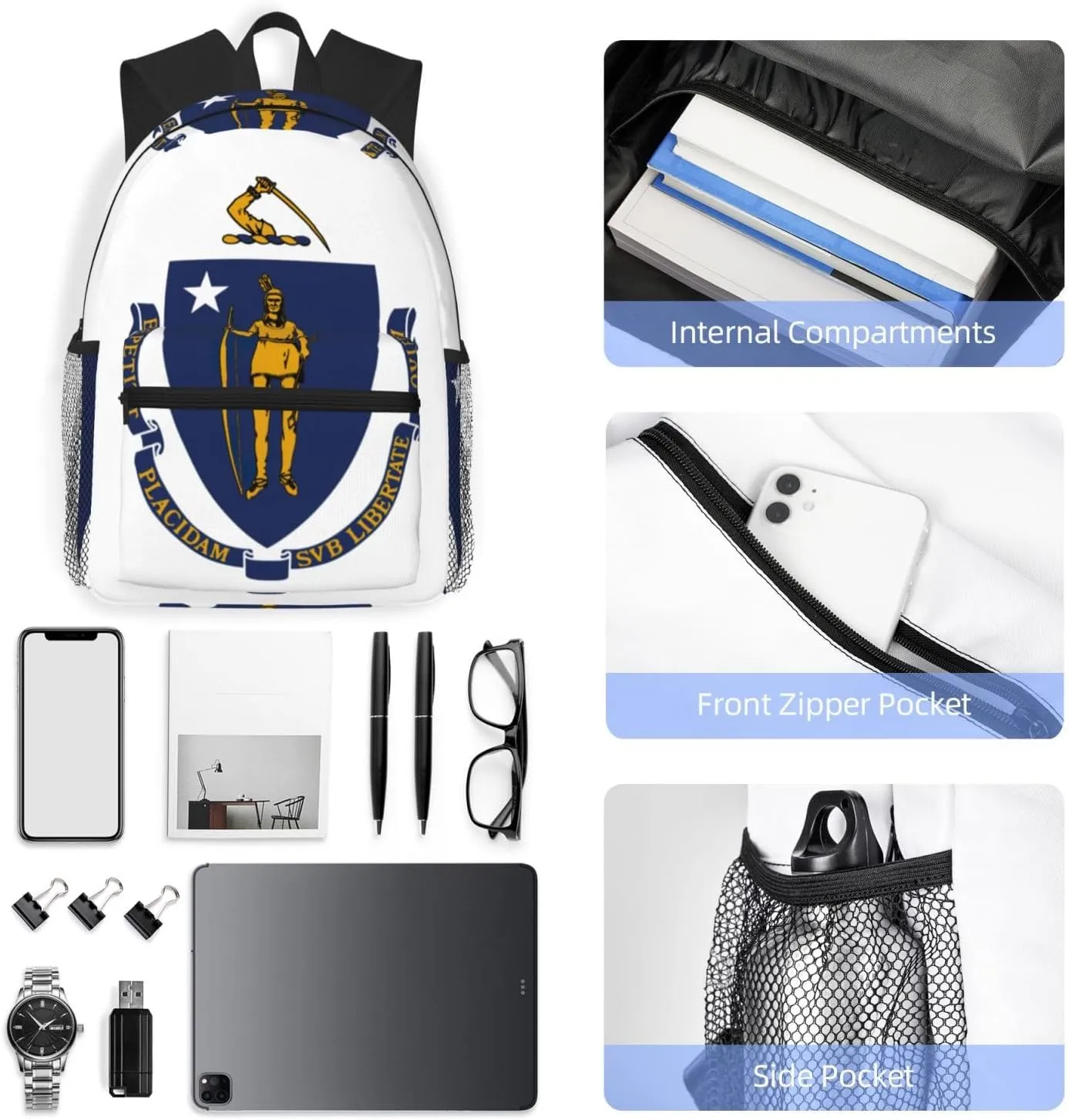 Massachusetts State Flag Fashion Backpack,Casual Daypack Backpacks For Men Women, Laptop Bag Travel Hiking Camping