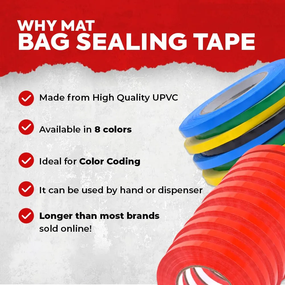 MAT Food Saver UPVC Tape Rainbow - 3/8 x 180 yds. (Pack of 8) Poly Bag Sealing Tape for Wrapping, Packaging, and Airtight Food Storage