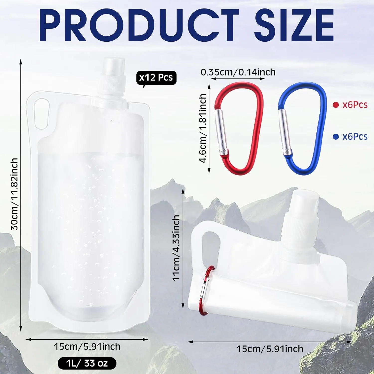 Maxdot 12 Pack 1L Collapsible Travel Water Bottles with Clip 33 oz Clear Foldable Water Pouch Container Bag for Hiking Backpacking Camping Travel Emergency