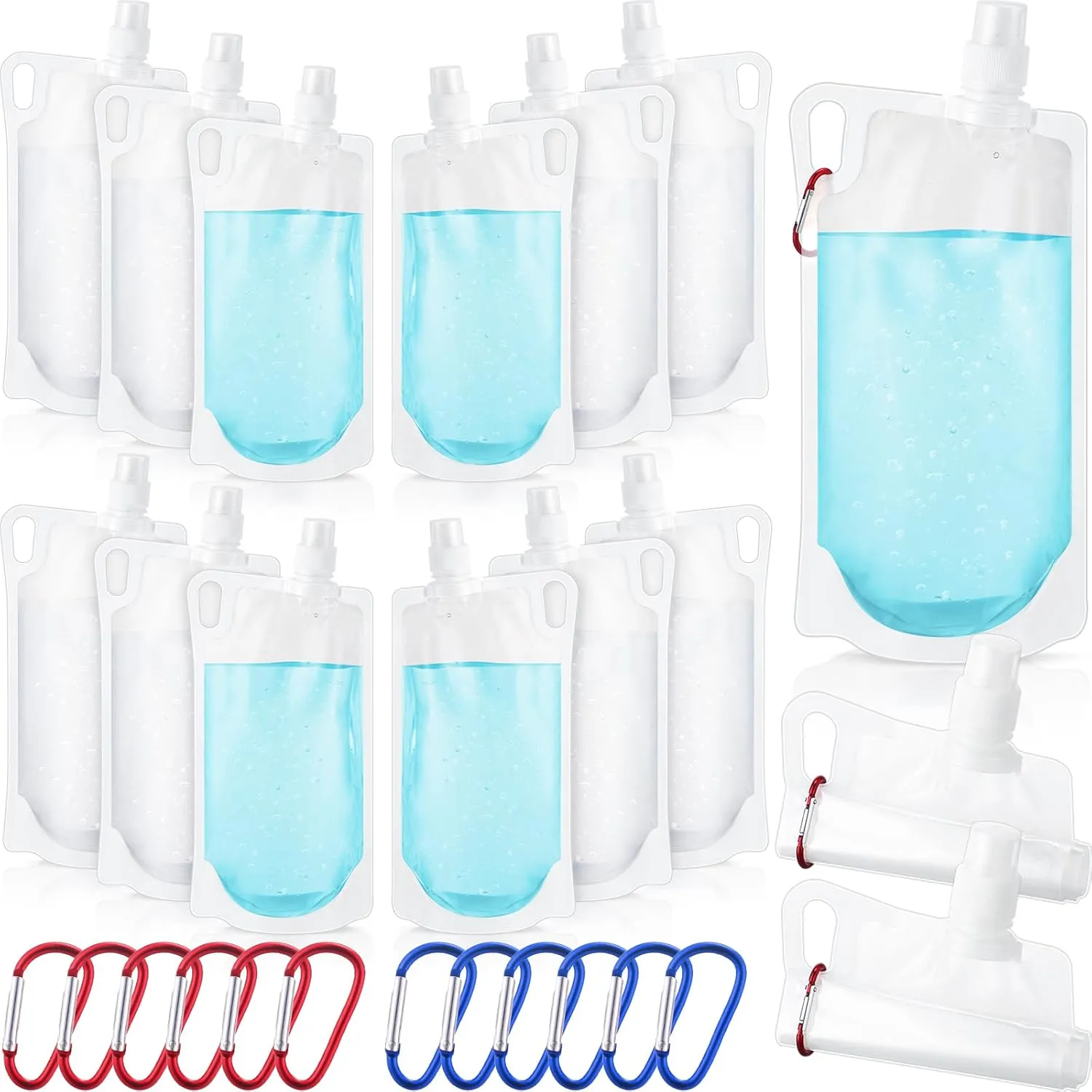 Maxdot 12 Pack 1L Collapsible Travel Water Bottles with Clip 33 oz Clear Foldable Water Pouch Container Bag for Hiking Backpacking Camping Travel Emergency