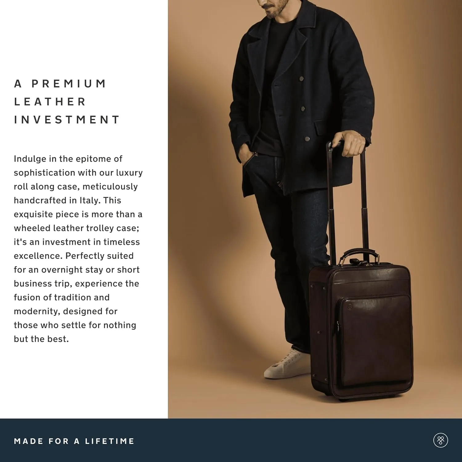 Maxwell Scott - Luxury Italian Leather Wheeled Rolling Trolley Case Luggage for Luxury Travelling - The Piazzale Dark Brown