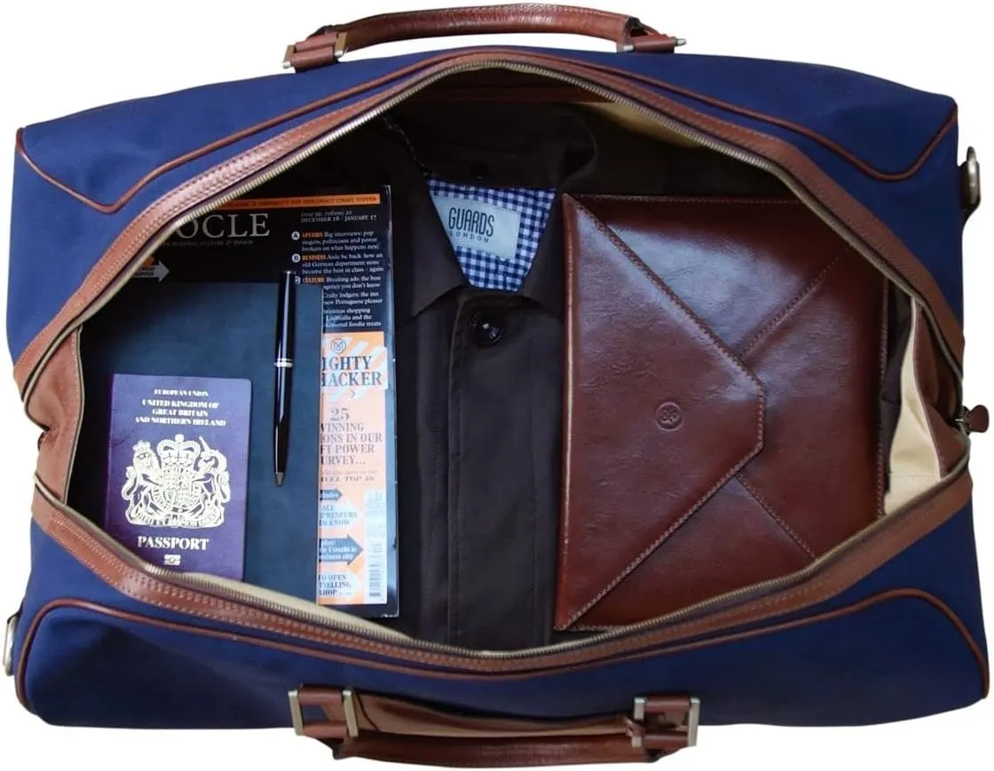 Maxwell Scott - Luxury Leather Medium Canvas Travel Bag for Cabin with Shoulder Strap - The Giovane M - Tan/Navy Canvas