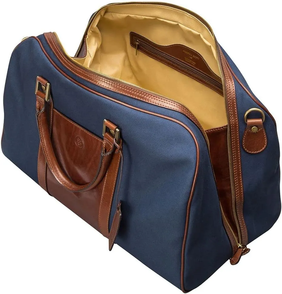 Maxwell Scott - Luxury Leather Medium Canvas Travel Bag for Cabin with Shoulder Strap - The Giovane M - Tan/Navy Canvas