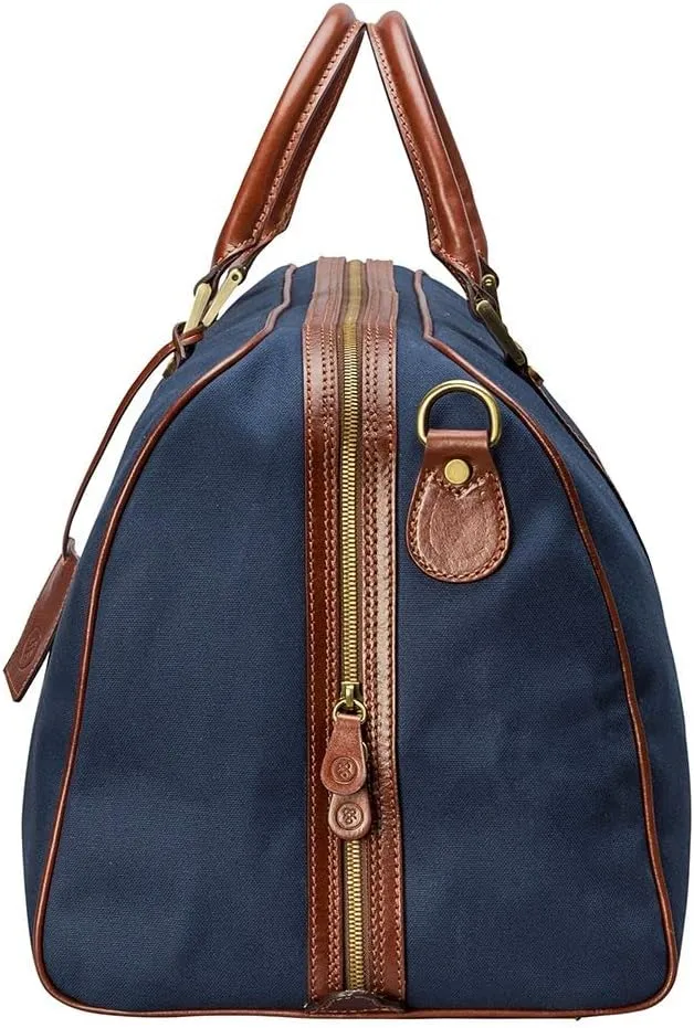 Maxwell Scott - Luxury Leather Medium Canvas Travel Bag for Cabin with Shoulder Strap - The Giovane M - Tan/Navy Canvas