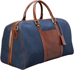 Maxwell Scott - Luxury Leather Medium Canvas Travel Bag for Cabin with Shoulder Strap - The Giovane M - Tan/Navy Canvas