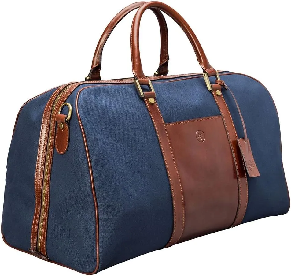 Maxwell Scott - Luxury Leather Medium Canvas Travel Bag for Cabin with Shoulder Strap - The Giovane M - Tan/Navy Canvas