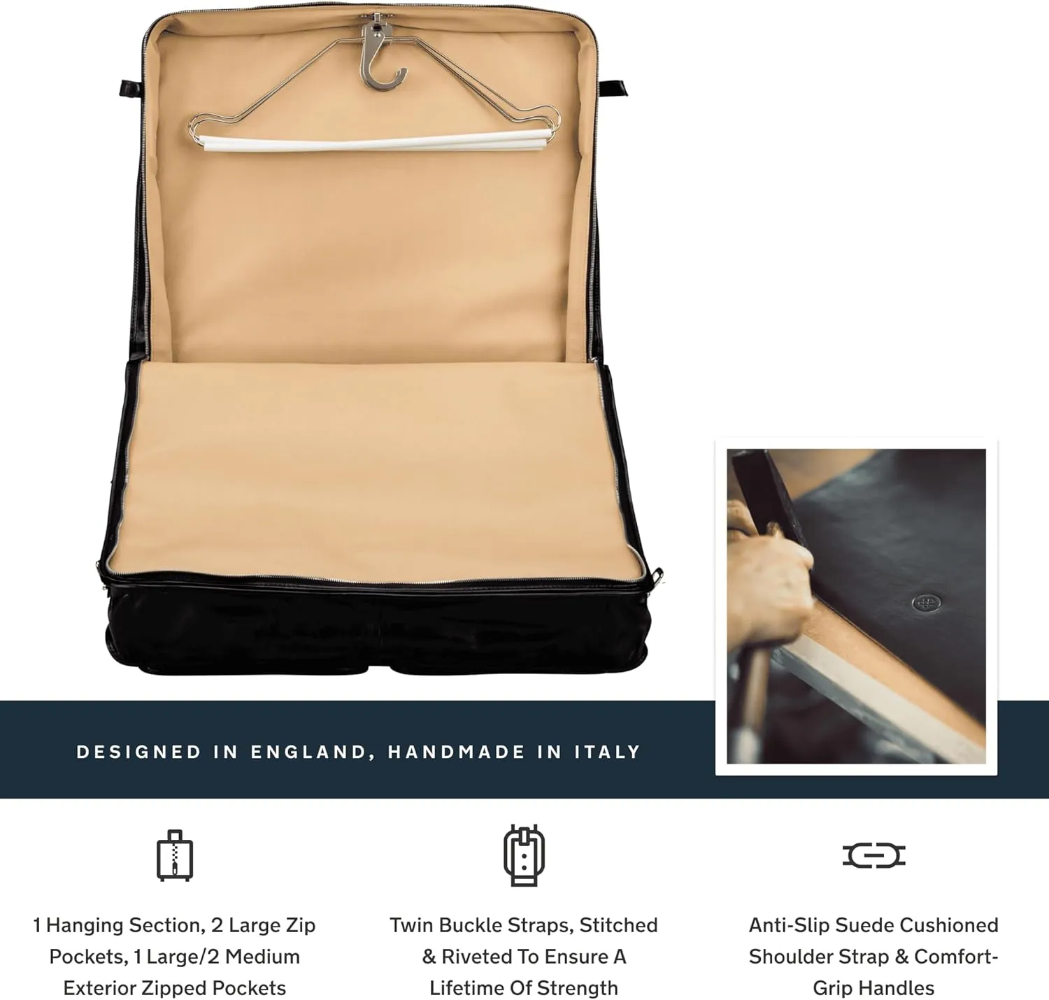 Maxwell Scott - Mens Luxury Leather Jacket Suit Garment Carrier for Luxury Travelling - Made in Italy - The Rovello Black