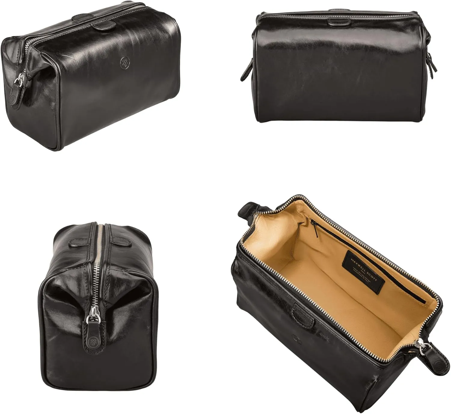 Maxwell Scott - Personalized Luxury Cow Leather Medium Toiletry Wash Bag for Men from Full Grain Hides -The Duno Medium Black