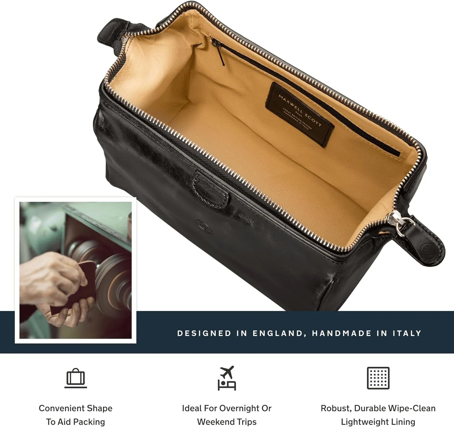 Maxwell Scott - Personalized Luxury Cow Leather Medium Toiletry Wash Bag for Men from Full Grain Hides -The Duno Medium Black