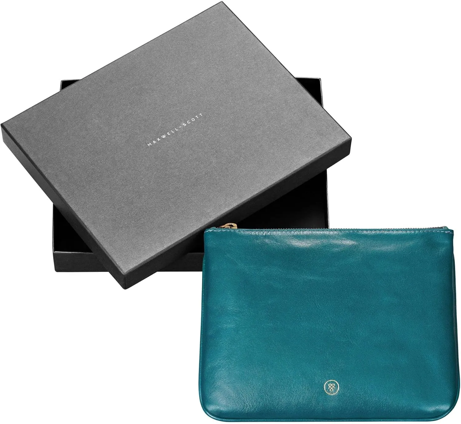 Maxwell Scott - Personalized Womens Luxury Designer Leather Flat Makeup Bag Purse - The Zeta - Petrol Blue