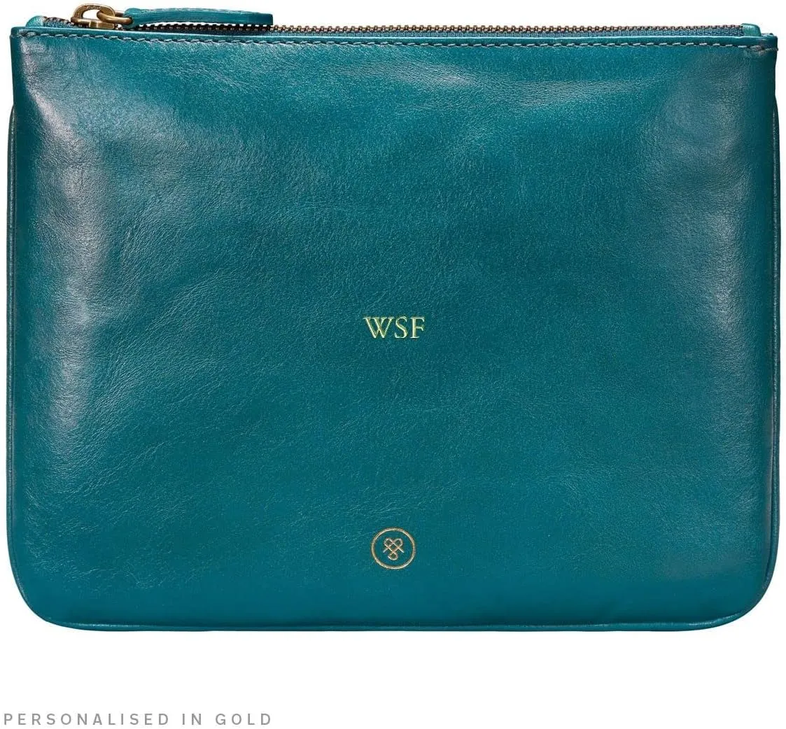 Maxwell Scott - Personalized Womens Luxury Designer Leather Flat Makeup Bag Purse - The Zeta - Petrol Blue