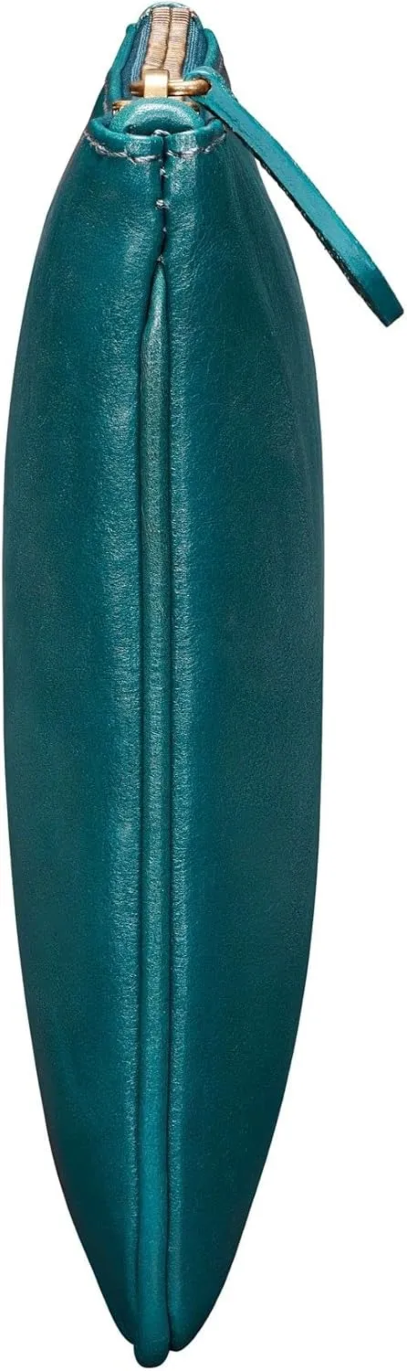 Maxwell Scott - Personalized Womens Luxury Designer Leather Flat Makeup Bag Purse - The Zeta - Petrol Blue