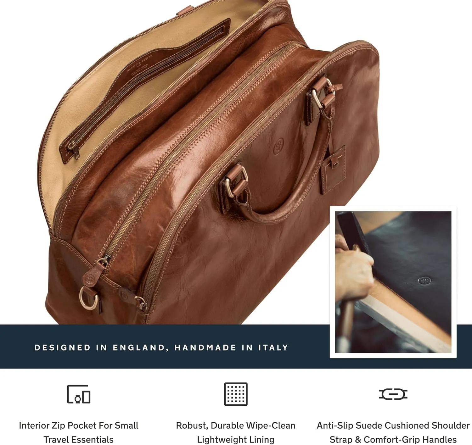 Maxwell Scott - Womens Luxury Italian Leather Luggage Travel Bag with Multiple Zip Compartments - The LilianaL Chestnut Tan