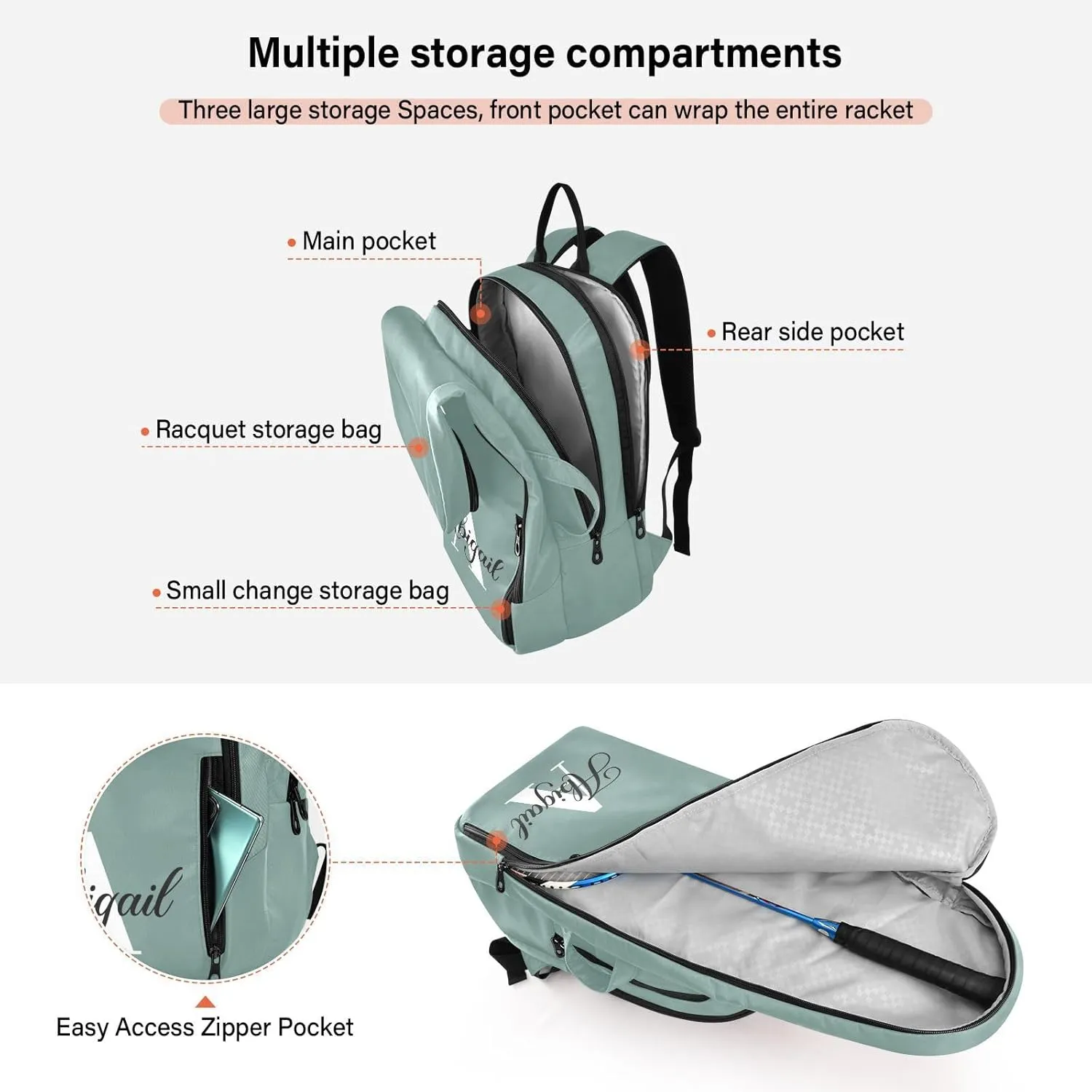 MCHIVER Custom Tennis Bags for Men Women Personalized Tennis Backpack Hold 2 Rackets Padel Sports Backpack 11.81 * 7.87 * 17.11in