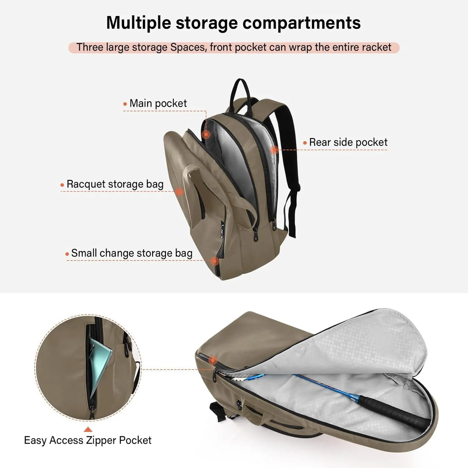 MCHIVER Tennis Bags for Men Women Tennis Backpack Hold 2 Rackets Badminton Racquet Backpack 11.81 * 7.87 * 17.11in