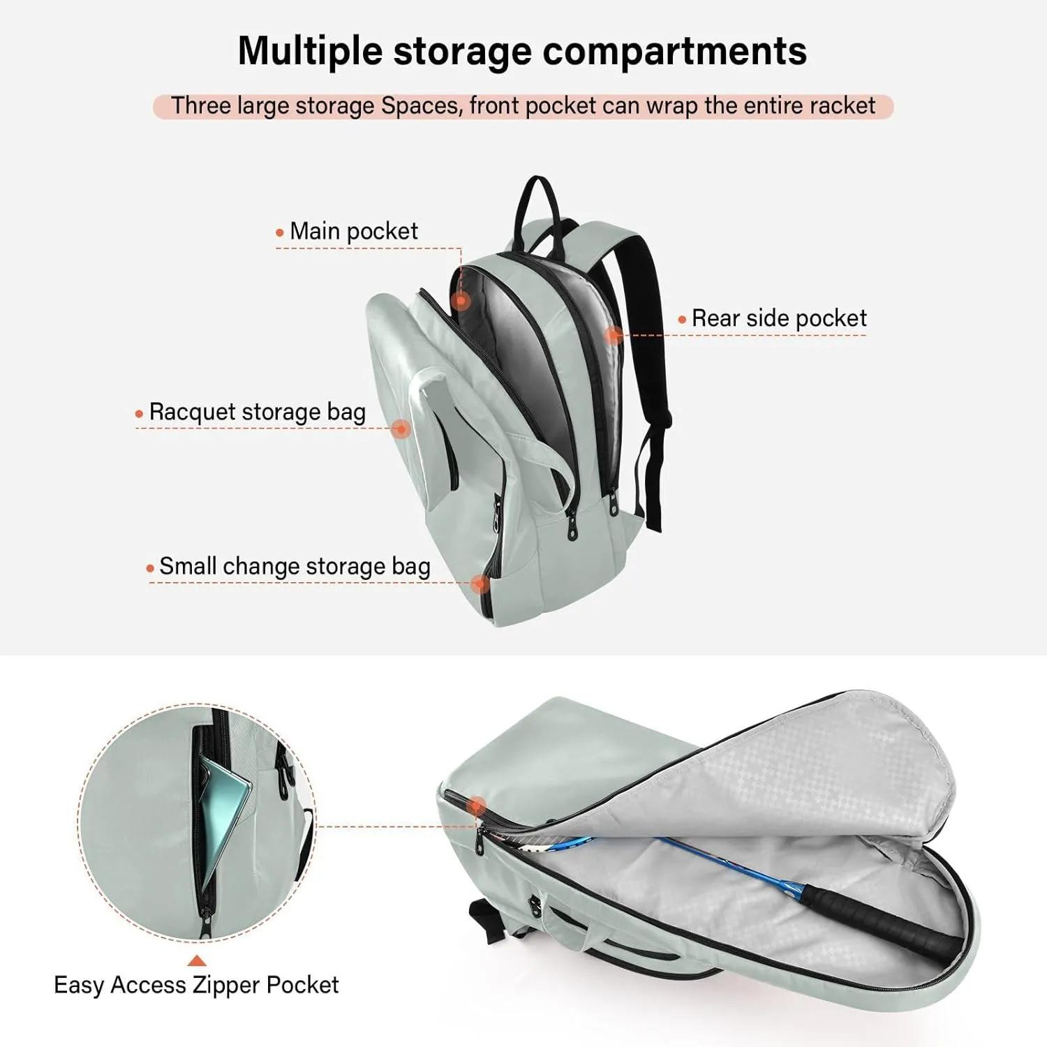 MCHIVER Tennis Bags for Men Women Tennis Backpack Hold 2 Rackets Badminton Racquet Backpack 11.81 * 7.87 * 17.11in