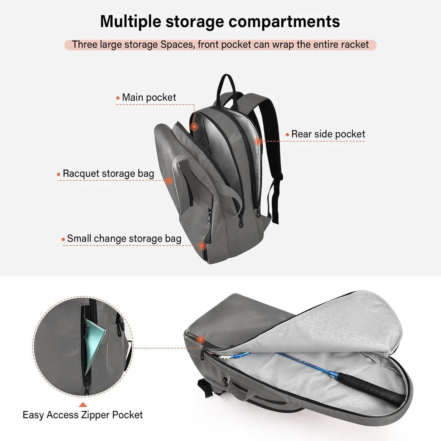 MCHIVER Tennis Bags for Men Women Tennis Backpack Hold 2 Rackets Badminton Racquet Backpack 11.81 * 7.87 * 17.11in