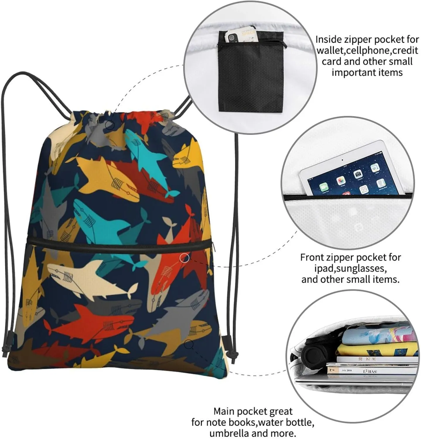 Mechanical punk cartoon shark Drawstring Backpack Unisex Gym Bags Sport String Bag for Hiking Yoga Travel Swimming Beach 15 X 18 Inch