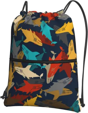 Mechanical punk cartoon shark Drawstring Backpack Unisex Gym Bags Sport String Bag for Hiking Yoga Travel Swimming Beach 15 X 18 Inch