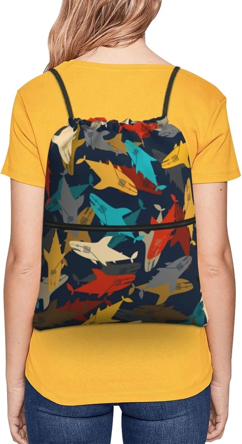 Mechanical punk cartoon shark Drawstring Backpack Unisex Gym Bags Sport String Bag for Hiking Yoga Travel Swimming Beach 15 X 18 Inch