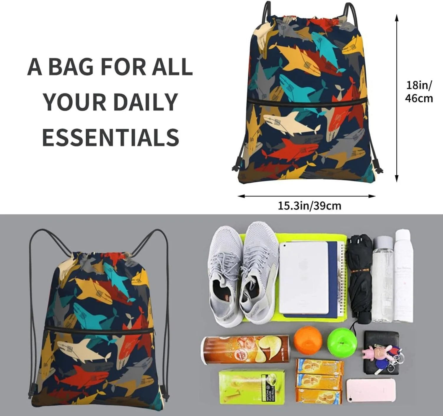 Mechanical punk cartoon shark Drawstring Backpack Unisex Gym Bags Sport String Bag for Hiking Yoga Travel Swimming Beach 15 X 18 Inch