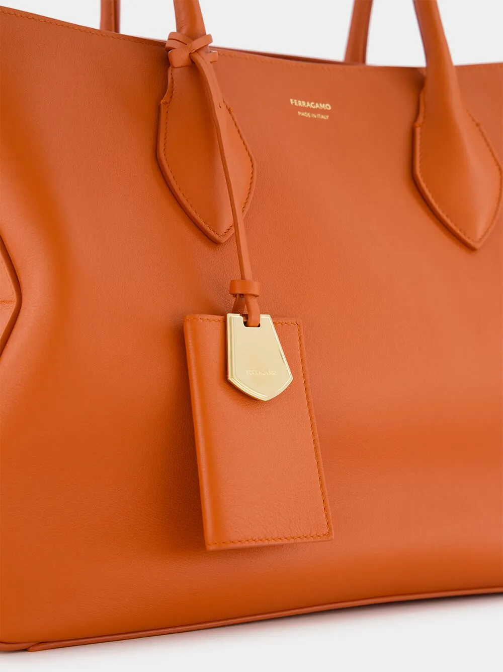 Medium Orange Leather Tote Bag