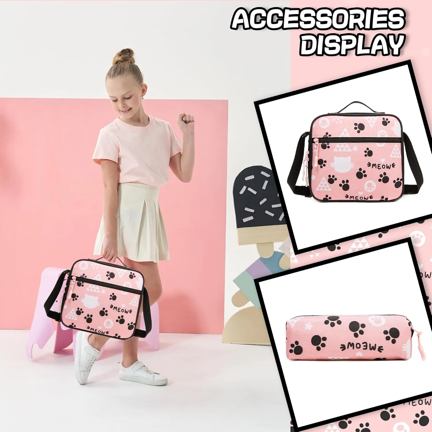 Meetbelify Cute Cat Rolling Backpack for Girls Backpacks with Wheels Kids Wheeled Backpack with Lunch Box Pencil Case for Elementary Students Kids Carry On Luggage with Wheels Back to School Supplies