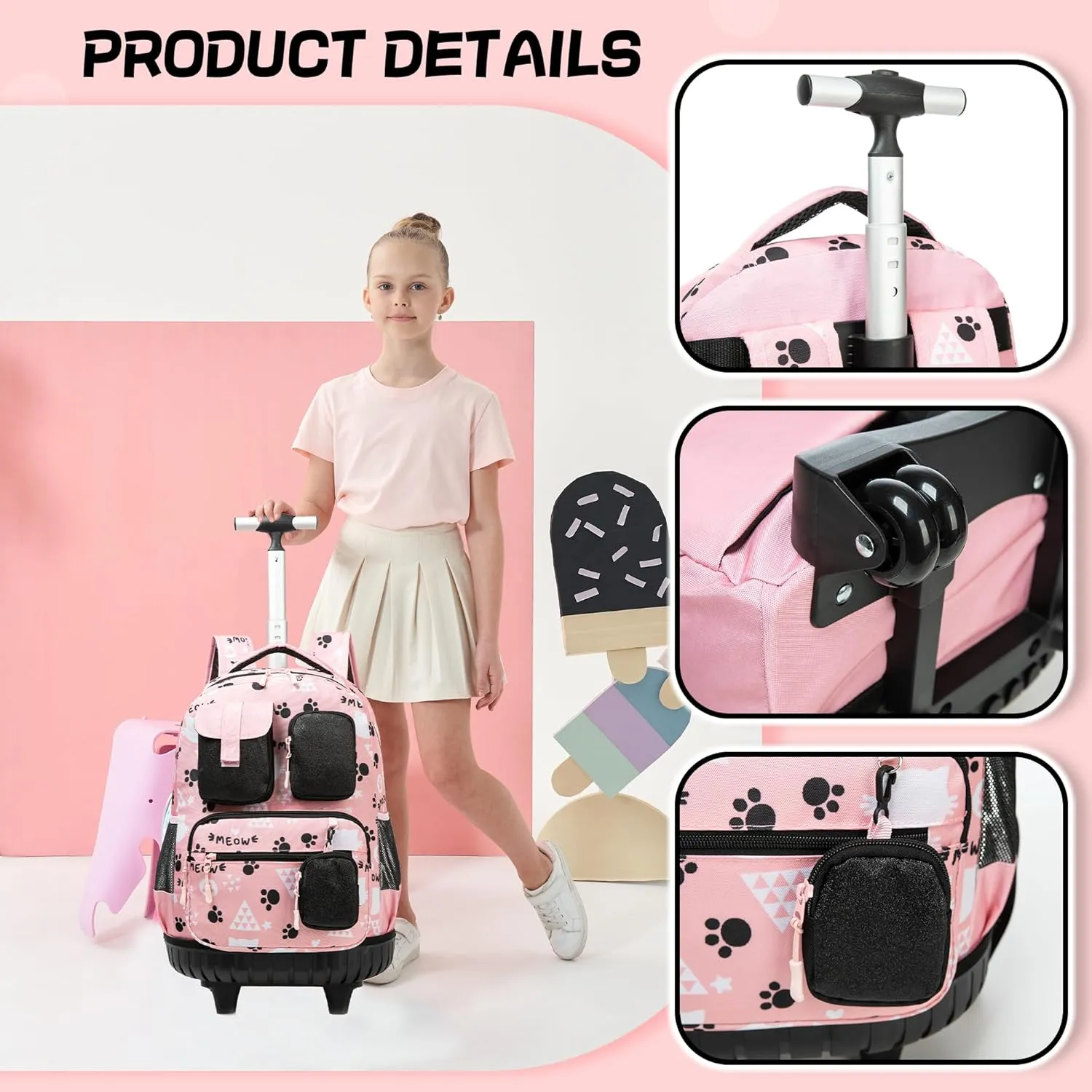 Meetbelify Cute Cat Rolling Backpack for Girls Backpacks with Wheels Kids Wheeled Backpack with Lunch Box Pencil Case for Elementary Students Kids Carry On Luggage with Wheels Back to School Supplies